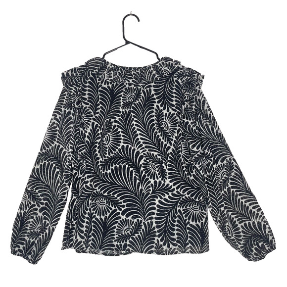 NEW LOFT Womens Blouse Size M Ruffle Tie Neck Black White Floral Boho Office - Picture 2 of 6